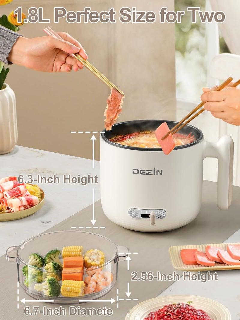 DEZIN Electric Pot with Steamer, 1.8L Dual Power Ramen Cooker, Portable Non-Stick Hot Pot Electric for Soup, Pasta, Egg, Oatmeal, Overheat & Boil-Dry Protection, Ideal for Dorm, Office(Beige) - Image 3